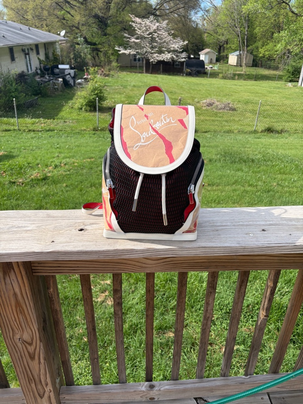 Christian Louboutin Black Mesh streetwear Backpack with Beige & Red Accents
